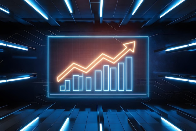 Gráfico de crescimento do mercado de ações gráfico de néon financeiro na tela em escritório moderno