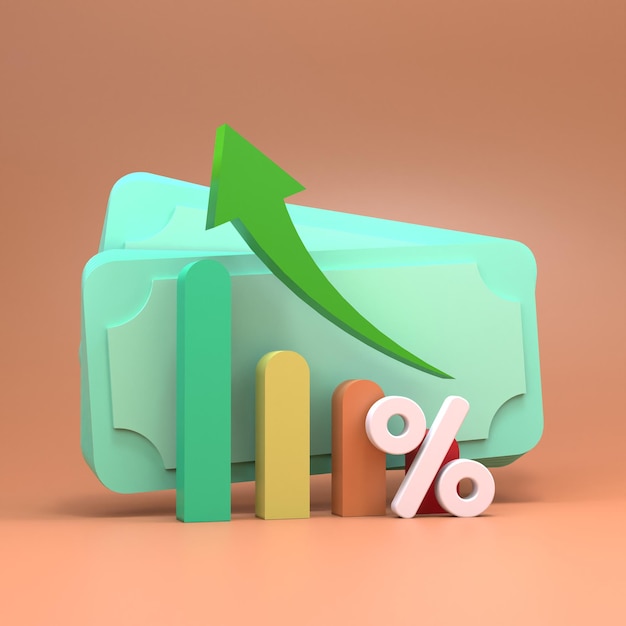 Gráfico de crescimento e conceito de dólar de finanças e rentabilidade 3d render