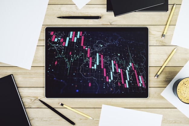 Gráfico de crise econômica abstrata criativa com holograma de mapa do mundo no moderno conceito de falência e recessão de exibição de tablet digital Vista superior Renderização em 3D