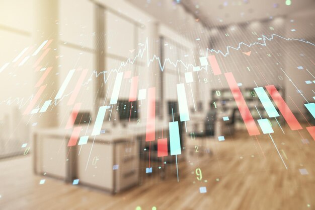 Gráfico de crise econômica e holograma de mapa do mundo em um conceito moderno de falência e recessão de fundo de sala de aula mobiliado Multiexposição