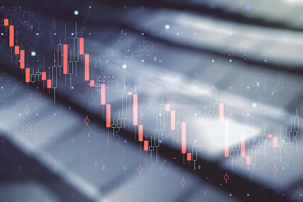 Gráfico de crise global virtual abstrato e esboço de mapa do mundo em mercados de queda de fundo de metal brilhante e colapso do conceito de economia global Dupla exposição