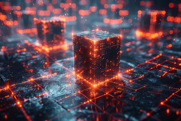 Gráfico de cubos com código binário e elemento futurista representando tecnologia de cadeia de blocos ou big data