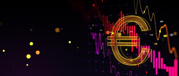 Gráfico de divisas em queda criativa com ícone de euro dourado em fundo de grade bokeh escuro roxo Comércio, dinheiro, finanças e conceito de crise Renderização 3D