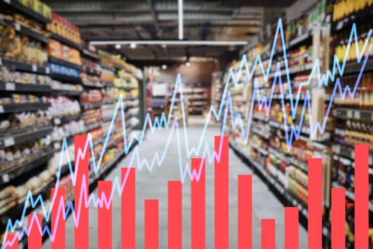 Foto gráfico de dupla exposição e supermercado para o aumento da inflação na crise do custo de vida com números estatísticos ou dados gráfico analítico e porcentagem para o crescimento do pib da economia e shopping center para alimentos