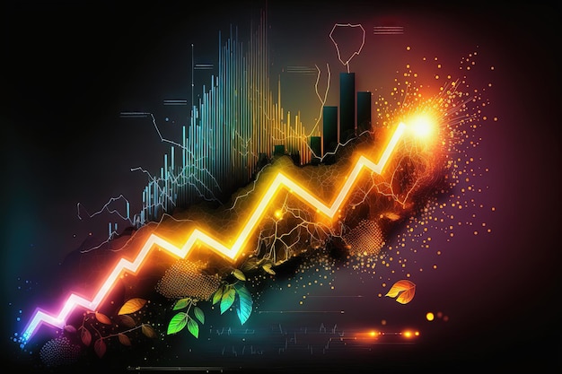 Gráfico de economia verde no fundo de néon colorido escuro AI