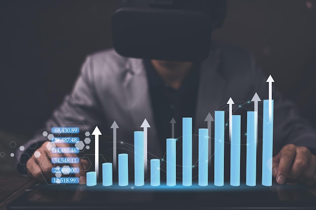 Gráfico de empresário exibir investimento, renda, ações, crescimento financeiro, ilustração 3D, metaverso, mundo virtual