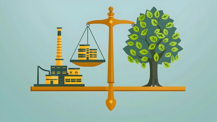 Foto gráfico de escalas de sustentabilidade que simboliza o equilíbrio esg entre a indústria e o meio ambiente