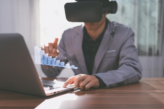 Foto gráfico de exibição de empresário investimento ações renda crescimento financeiro ilustração 3d metaverso mundo virtual pessoa