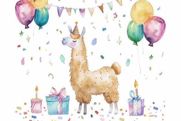 Gráfico de festa de aniversário de lama colorido com balões aquarelados, confete e ilustrações de alpaca