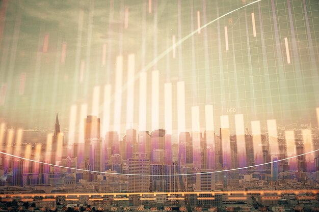 Gráfico de Forex em vista da cidade com arranha-céus de fundo multi exposição conceito de análise financeira