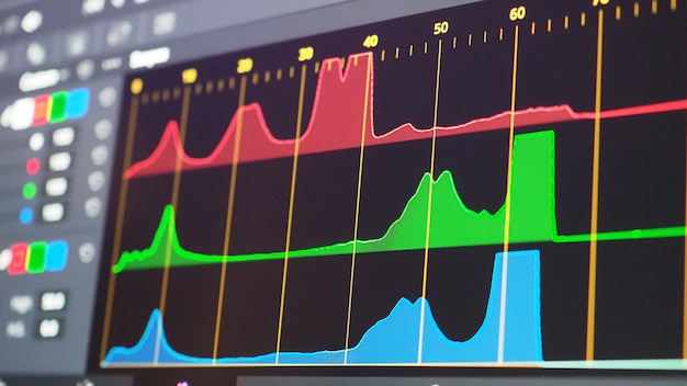 Gráfico de graduação de cores ou indicador de correção de cores rgb no monitor no processo de pós-produção.