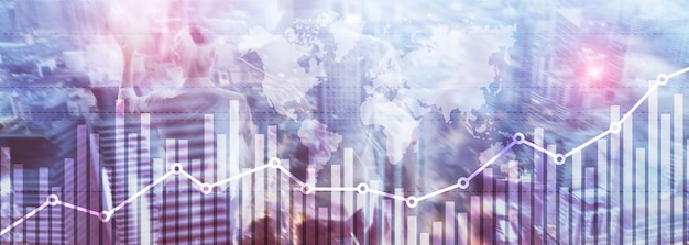 Gráfico de gráfico de crescimento de finanças de negócios analisando diagrama de negociação e conceito de câmbio forex dupla exposição cabeçalho de site de fundo de mídia mista