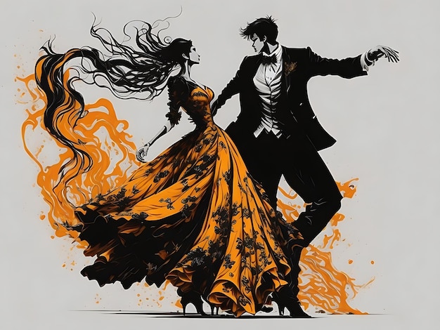 Gráfico de homem e mulher em pintura de tinta generativa AI de dança de valsa elegante em preto, branco e ora