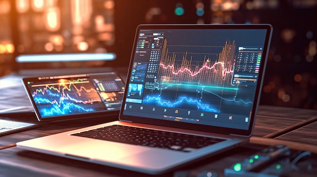 Gráfico de informações de negociação do mercado de ações de negócios mostrado na tela do monitor escritório luz cristal b