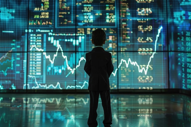 Gráfico de mercado de ações de visão ampla crescendo em parede digital e corpo inteiro Kid Businessman em terno