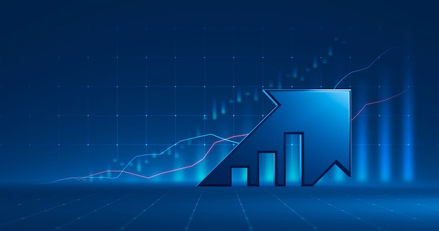 Gráfico de mercado de negócios e gráfico de ações de seta ou lucro de dados financeiros de investimento no plano de fundo do diagrama de dinheiro de crescimento com informações de troca de diagrama. Renderização 3D.