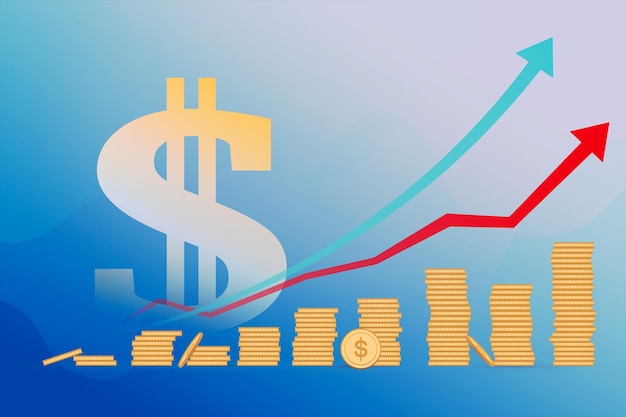 Gráfico de moedas de dólar em crescimento criativo empilhado em papel de parede azul com seta Crescimento financeiro e conceito de mercado Renderização em 3D