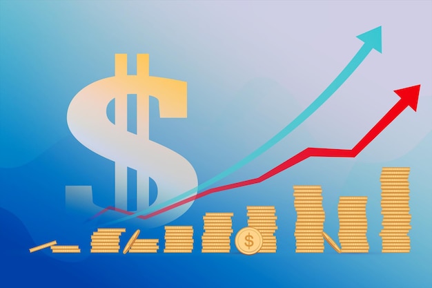 Foto gráfico de moedas de dólar em crescimento criativo empilhado em papel de parede azul com seta crescimento financeiro e conceito de mercado renderização em 3d