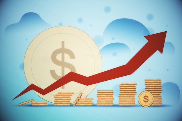 Gráfico de moedas de dólar em crescimento criativo empilhado sobre fundo azul com seta Crescimento financeiro e conceito de mercado Renderização em 3D