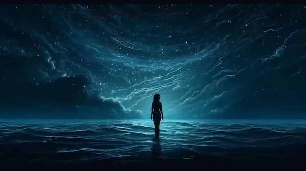 Gráfico de mulher inclinada parada no oceano à noite e movendo-se para o espaço branco cintilante da nuvem Recurso criativo gerado por IA