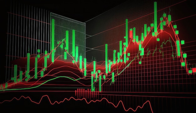 Gráfico de negociação do mercado de ações em cor vermelha e verde como fundo de ilustração 3d da economia tendências de negociação e desenvolvimento econômico