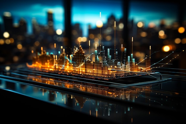 Gráfico de negociação na paisagem urbana à noite e fundo do mapa do mundoConceito financeiro de negócios StandardBild