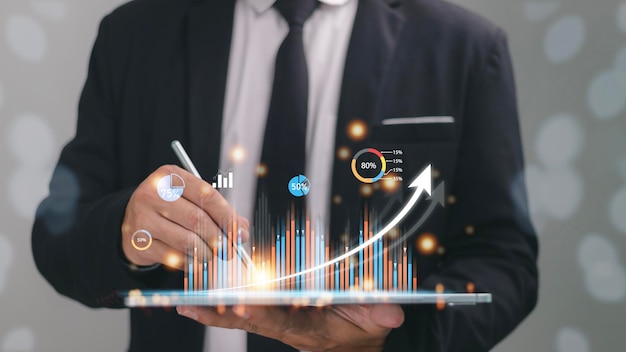 Gráfico de negócios aparecendo em uma tela virtualNovas ideias de inicialização e conceitos de crescimento de negócios