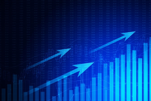Foto gráfico de negócios azul brilhante com setas comércio e conceito de crescimento renderização em 3d