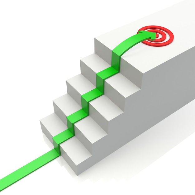 Gráfico de negócios com seta ascendente para o destino e escada em branco. ilustração 3d