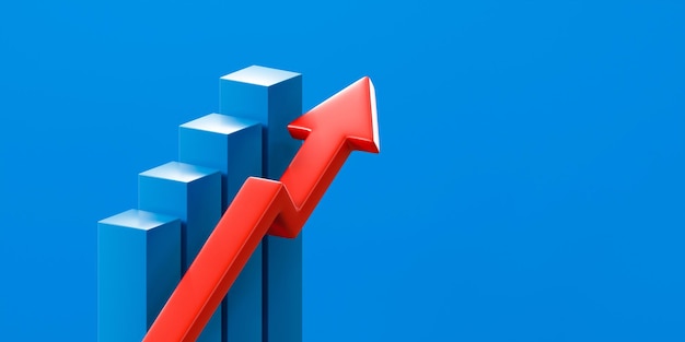 Foto gráfico de negócios de crescimento 3d azul sobre fundo financeiro de sucesso com símbolo de lucro de mercado de seta vermelha ou gráfico de finanças para cima de marketing de diagrama de ações e aumentar a estratégia de vendas de preço de aumento de estatística de economia