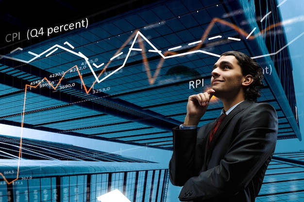 Gráfico de negócios e monitor de comércio. Mídia mista