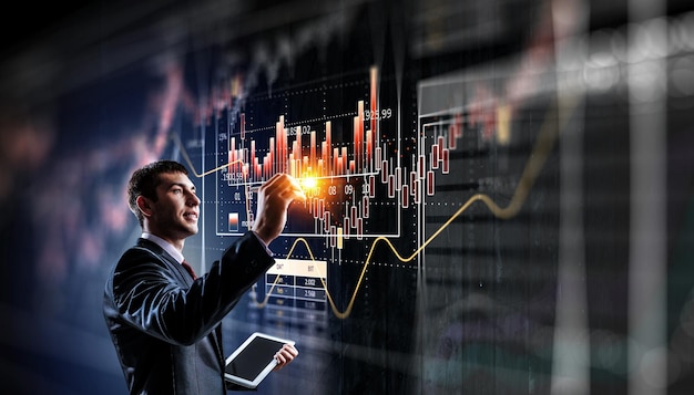 Gráfico de negócios e monitor de comércio. Mídia mista