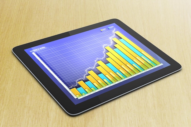 Foto gráfico de negócios na tela do tablet digital na mesa de madeira