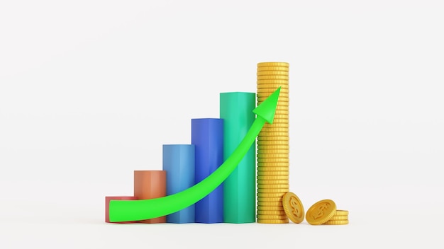 Gráfico de negócios ou diagrama de gráfico de barras com moeda de ouro de pilha Conceito financeiro de negócios de crescimento 3D render