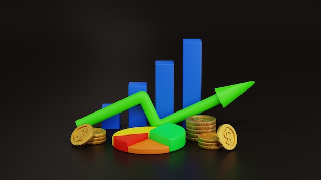 Gráfico de negócios ou diagrama de gráfico de barras com pilha de moeda de ouro Renderização 3D financeira de negócios de crescimento