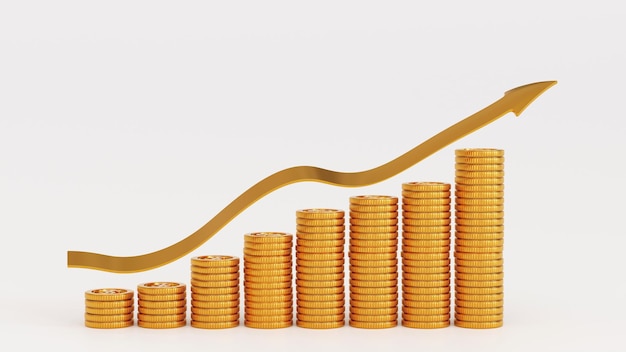 Gráfico de negócios ou diagrama de gráfico de barras com pilha de moeda de ouro Renderização 3D financeira de negócios de crescimento