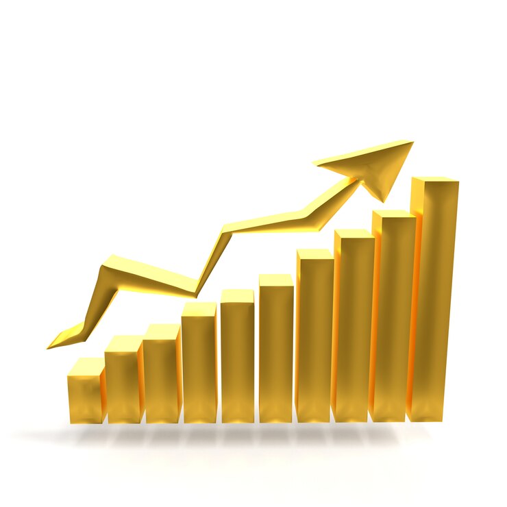Foto gráfico de negócios ouro com seta mostrando o sucesso. mercado de ouro on-line conceito de ouro. bar gráfico ouro crescimento de negócios com seta ascendente. renderização em 3d.