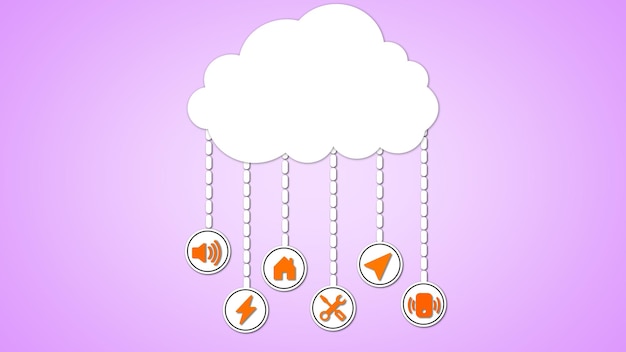 Gráfico de nuvem com ícones representando relâmpagos de fogo e sinais de alerta pendurados