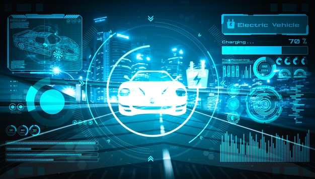 Gráfico de realidade virtual de carro elétrico na estrada em estação de carregamento de ev de alta velocidade para energia verde e energia ecológica produzida a partir de uma fonte sustentável para fornecer à estação a fim de reduzir o co2.