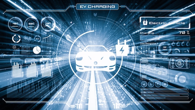 Foto gráfico de realidade virtual de carro elétrico na estrada em estação de carregamento de ev de alta velocidade para energia verde e energia ecológica produzida a partir de uma fonte sustentável para fornecer à estação a fim de reduzir o co2.