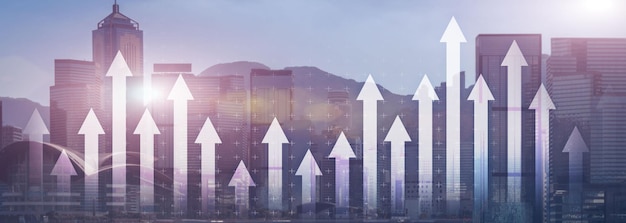 Gráfico de seta de crescimento financeiro vista da cidade banner de cabeçalho panorâmico do site de investimento conceito econômico de negociação de ações