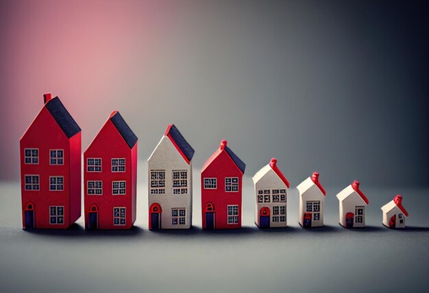 Gráfico de tendências de preços imobiliários com casas em miniatura em IA generativa branca e vermelha