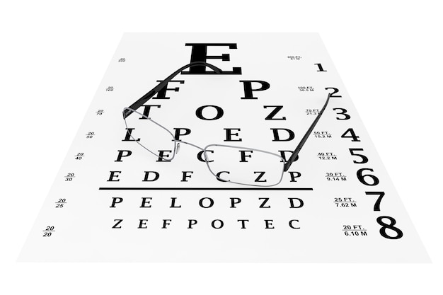 Gráfico de teste de visão com óculos de leitura modernos closeup extrema