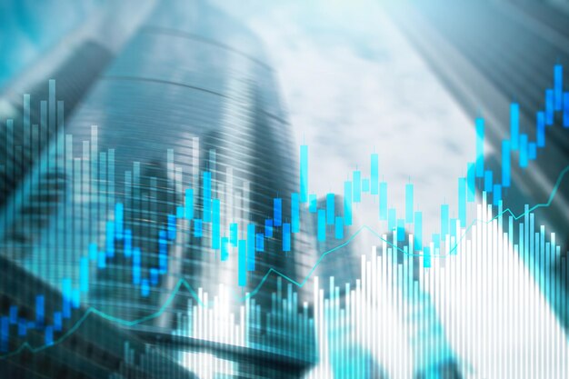 Gráfico de velas de negociação de ações e diagramas no fundo do centro de escritório desfocado