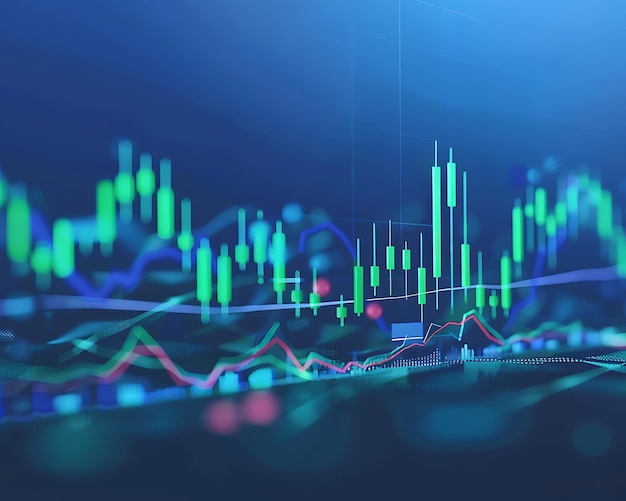 Gráfico detallado de velas en un fondo azul elegante que muestra una tendencia alcista del mercado con velas verdes audaces y líneas vectoriales afiladas