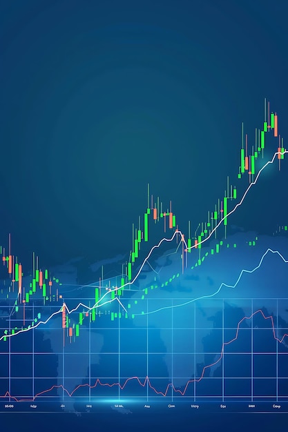 Gráfico detallado de velas del mercado de valores en un fondo azul liso que destaca una tendencia alcista con velas verdes brillantes y un diseño vectorial preciso