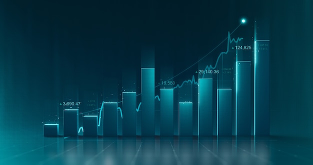 Gráfico de diagrama de gráfico de datos comerciales e información de informe gráfico financiero de crecimiento sobre fondo de finanzas futuristas con plantilla de infografía de economía de mercado de valores.