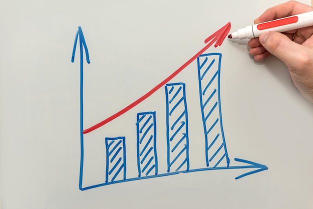 Gráfico de dibujo a mano con marcador azul. Empresario dibujando flechas de aumento gráfico de negocios del horno. Crecer.