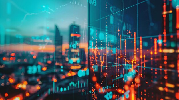 un gráfico digital de una ciudad con la palabra financiera en la pantalla 3D renderización blockchain bitcoin con