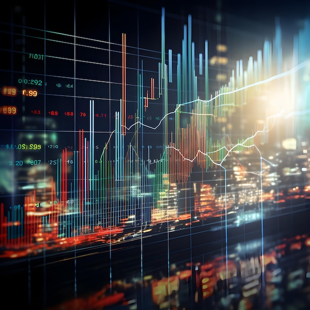 Gráfico digital con diagramas virtuales y números de acciones que muestran ganancias y pérdidas.